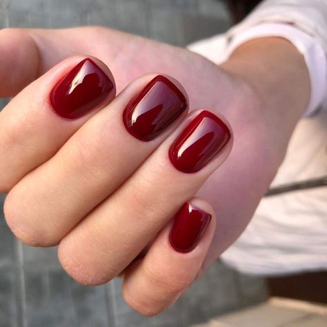 Deep Red Dip Nails, Short Red Manicured Nails, Red Short Gel Nails, Red Gel Nails Short, Short Dark Red Nails, Short Red Nails, Natural Nails Manicure, Red Gel Nails, Dark Red Nails