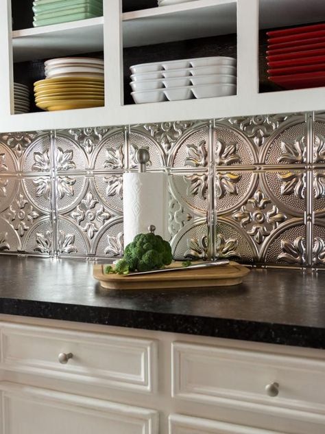 Tin Tile Backsplash, Backsplash Cheap, Diy Kitchen Backsplash, Kitchen Backsplash Ideas, Diy Backsplash, Diy Kitchen Renovation, Tin Tiles, Backsplash Tile, Backsplash Ideas