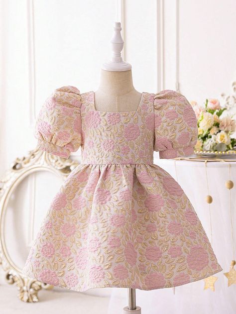 SHEIN Kids Cooltwn Young Girls' Jacquard Weave Ball Gown Dress With Square Neckline And Puff Sleeves, Suitable For Wedding Season | SHEIN USA Dress With Square Neckline, Shein Kids, Ball Gown Dress, Pink Party, Ball Gown Dresses, Gown Dress, Jacquard Weave, Square Necklines, Wedding Season