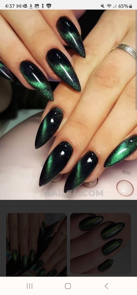 Christmas Witch Nails, Dark Green Ombre Acrylic Nails, Black Nails With Green Rhinestones, Black Nails With Green Chrome, Nail Ideas Green And Black, Black Green Halloween Nails, Black Nails With Green Accent, Black And Green Chrome Nails, Black And Green Aura Nails