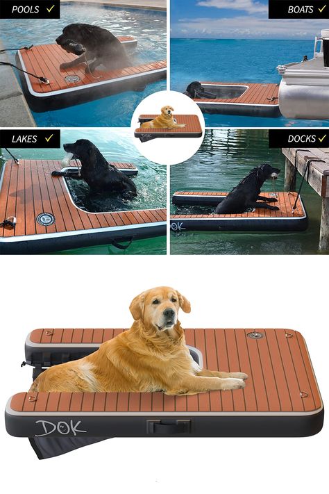 This portable inflatable floating water ramp for dogs gives them easy access in and out of the water from boats, pools, and docks. Dog Dock Ramp, Dog Hydrotherapy, Dog Poop Area, Dog Pool Ideas, Shade For Dogs, Dog Boat Ramp, Ramp For Dogs, Dog Pool Ramp, Dog Pool Floats