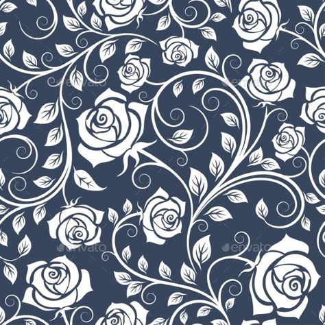 White And Blue Seamless Pattern With Roses Illustration Simple, Easy Drawing Tutorial, Design Mandala, Drawing Simple, Background Decor, Flower Art Images, Vintage Floral Pattern, Design Textile, Dark Blue Background