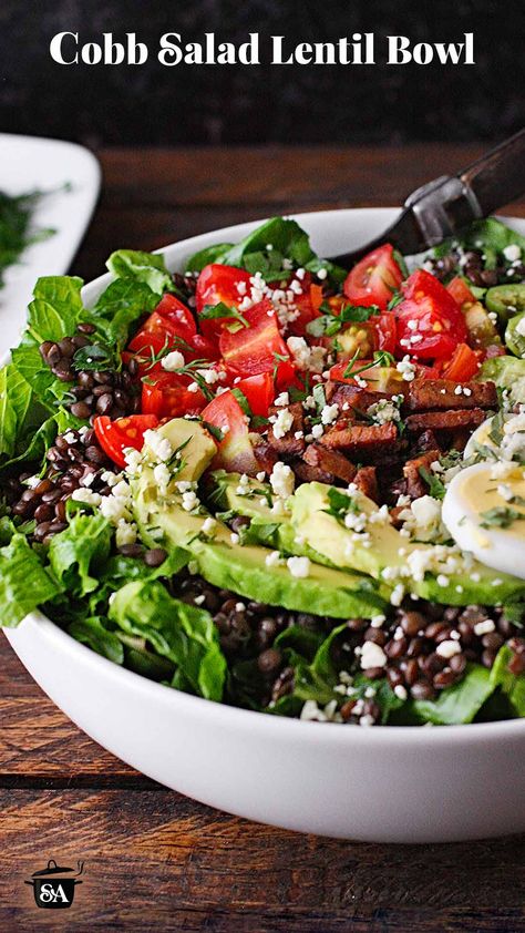 Side view of Cobb Salad Lentil Bowl in a white bowl. Beluga Lentil Salad, Black Beluga Lentils Recipes, Beluga Lentils Recipes, Salad Lentil, Black Lentil Salad, Black Beluga Lentils, Lentil Bowl, Vegetarian Bacon, Poached Salmon