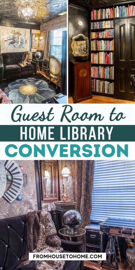 Guest room conversion to home library. Small Home Office Library, Small Home Library, Floor To Ceiling Bookshelves, Cozy Library, Home Office Library, Desk Black, Interior Decorating Tips, Office Library, Cozy Home Office