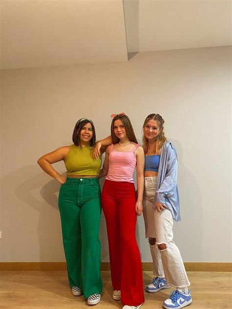 100+ Easy AF Group Halloween Costumes for your Groupie - Hike n Dip Powerpuff Girls Halloween Costume Teens, Trio Easy Costumes, Blossom Halloween Costume Powerpuff, Halloween Powerpuff Girls Costume, Trio Day Spirit Week, Blossom Powerpuff Outfit Ideas, Bubbles Powerpuff Outfit Ideas, Trio Halloween Costumes Powerpuff, Powerpuff Outfit Ideas