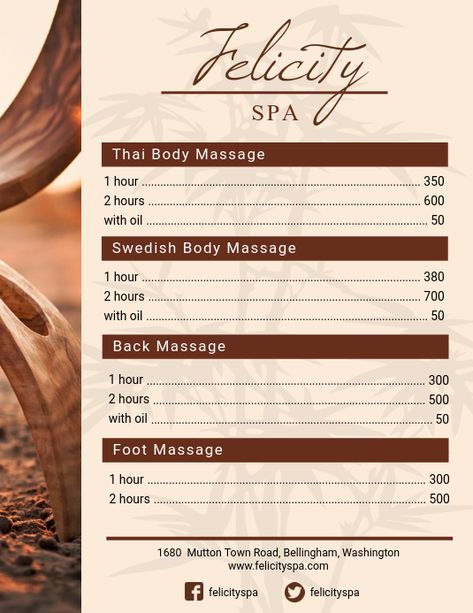 Massage Flyer Ideas, Spa Menu Ideas Price List, Massage Flyer Design, Massage Price List, Spa Menu Design, Nail Salon Flyer, Rustic Spa, Spa Price List, Massage Flyer