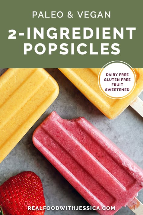 These Paleo Vegan 2 Ingredient Fruit Popsicles are easy to make and make a great summer treat. They are dairy free, nut free, and so delicious! Whole 30 Popsicles, Frozen Healthy Popsicles, Paleo Popsicle Recipes, 2 Ingredient Desserts Healthy, Easy Fruit Popsicle Recipes, Aip Popsicles, Low Carb Popsicles, Real Fruit Popsicles Recipes, Sugar Free Popsicle Recipes