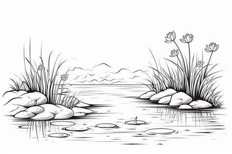 how to draw a pond Simple Pond Drawing, Pond Sketch, Pond Drawing, Landscape Drawing Easy, How To Draw Anything, Grass Drawing, Decorative Window Film, Doodle Art Drawing, Kindle Cover