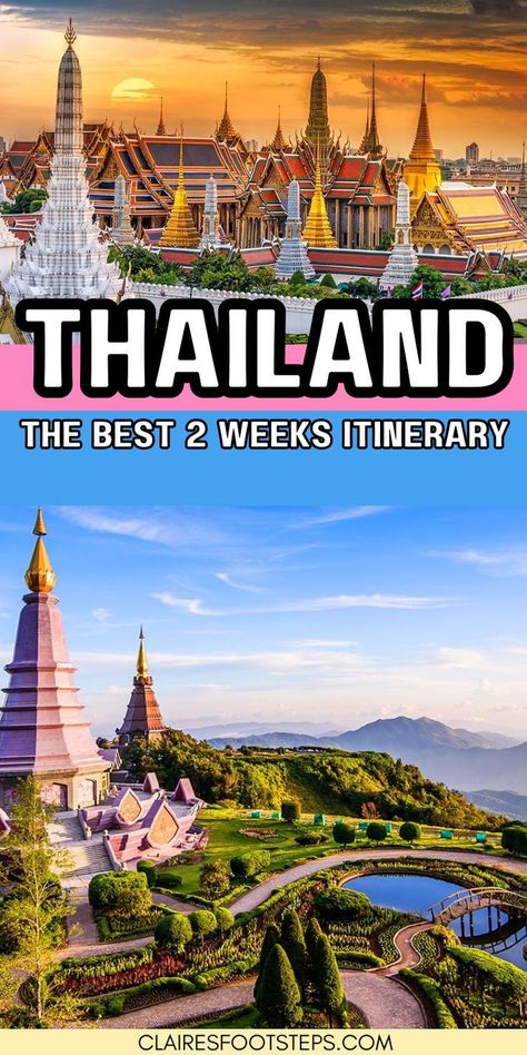 Vibrant 2-week Thailand itinerary covering Chiang Mai, Pai, Bangkok, and Koh Chang with key activities like elephant sanctuary visits, temple tours, beach relaxation, and diving. Best Time To Travel To Thailand, Where To Go In Thailand, Thailand Itinerary 2 Weeks, Budgeting Advice, Visiting Thailand, 2 Weeks In Thailand, Phuket Thailand Travel, Thailand Temples, Thailand Tour