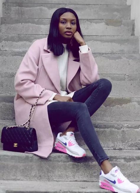 Pink Nike Outfit, Air Max 90 Outfit, Pastel Pink Coat, Air Max Outfit, Pink Nike Shoes, Nike Outfit, Tennis Shoes Outfit, Casual Shoes Outfit, Nike Shoes Girls