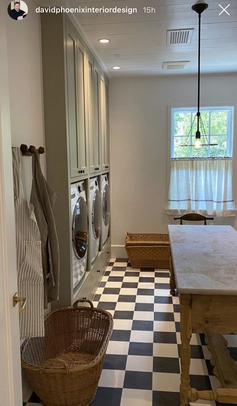 Jake Arnold Laundry Room, Modern Country Apartment, Laundry Room Checkered Tile, Mudroom Gym Combo, Laundry Room Checkered Floor, Checkered Floor Laundry Room, English Laundry Room, Colonial Laundry Room, Sivan Ayla