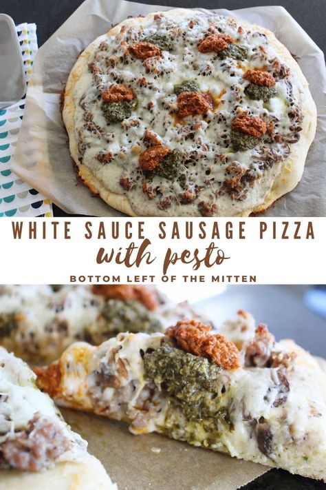 White sauce sausage pizza with pesto takes everything you love about pizza and elevates it to the next level! #whitesaucepizza #doublecrustpizza #pizzarecipe #homemadepizza #pestosauce Unique Pizza Ideas, Parmesan Garlic Sauce, Homemade Pizza Crust Recipe, Pizza With Pesto, Calzone Recipes, Unique Pizza Recipes, Pizza Friday, White Pizza Sauce, Sundried Tomato Pesto