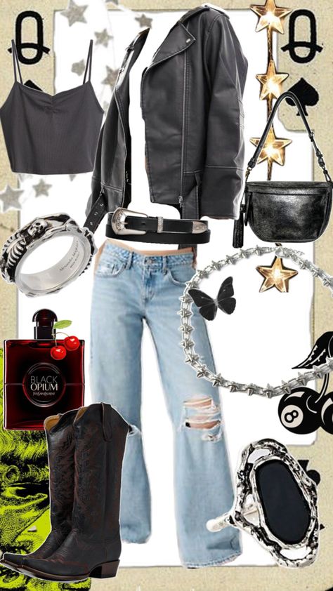 Click to shop, grungy biker chic styled look, 90s grunge, outfit inspiration, fall 2024 trends, fall 2024 outfit inspiration Retro Biker Style, Outfits Biker, Grunge Outfit Inspiration, Biker Chick Outfit, Biker Chick Style, Chick Outfit, Rockstar Aesthetic, Grunge Outfit, Biker Chic