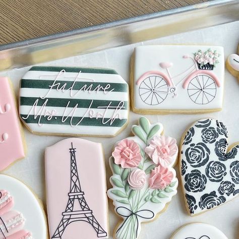 Utah Custom Royal Icing Cookies on Instagram: "Paris themed bridal shower 🖤🤍💕 . . . #cookies #royalicing #royalicingcookies #victoriascookiecompany #customsugarcookies #sugarcookies #utahcustomcookies #utahbaker #utahroyalicingcookies #decoratedcookies #cookieart #satisfying #mouthwatering #baking #cookiedecorating #utahcookies #cookieartist #birthdaycookies #eventcookies #cookiesofinstagram #utahcountycookies #pariscookies #bridalshowercookies #bachelorettecookies #floralcookies" Brunch Bridal Shower Cookies, Travel Bridal Shower Cookies, French Themed Cookies, Paris Themed Cookies, Paris Cookies Decorated, Paris Birthday Cookies, Paris Themed Cookies Royal Icing, Paris Themed Bridal Shower, Eiffel Tower Cookies