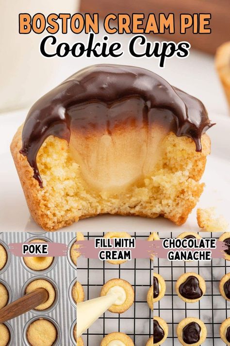 Boston Cream Pie Cookie Cups take the flavors of a classic custard-filled New England cake and turn them into cute mini cookie bites. A super simple cake mix shortcut recipe to satisfy your sweet tooth. #cookiecups #bostoncreampie #minidessert Boston Cream Pie Bites, Easy Boston Cream Pie Cookie Bites, Boston Cream Cookie Cup, Easy Boston Cream Pie Simple Cake Mixes, Boston Cream Pie Cookie Cups, Boston Cream Pie Filling, Easy Boston Cream Pie Cupcakes, Boston Cream Cake, Cream Pie Filling