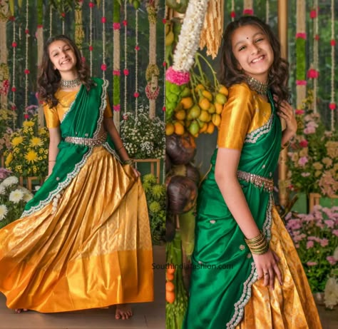 Half Saree Voni Models, South Indian Look Half Saree, Yellow Green Half Saree, Celebrities In Half Saree, Simple Half Sarees South Indian, Orange Half Saree Color Combos, South Indian Half Sarees Traditional, Golden Half Saree, Simple Half Saree Designs