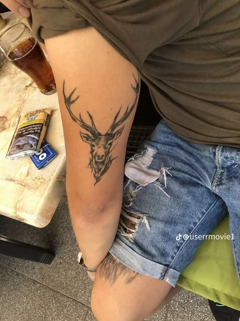 Stag Tattoos For Women, Deer Tattoo Men Arm, Antler Tattoo Men, Buck Tattoo For Men, Buck Tattoo Men, Stag Tattoo Men, Elk Tattoo Men, Back Of Tricep Tattoo Men, Deer Tattoo Men