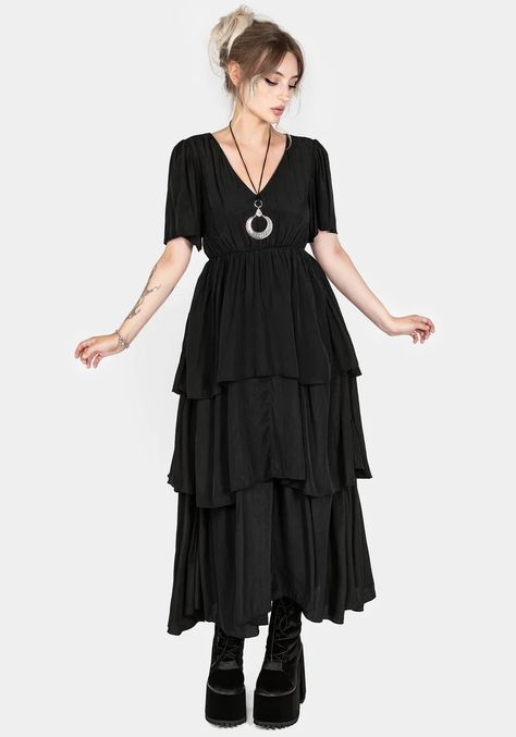 Lumen Tiered Midaxi Dress – Disturbia Witchcore Fashion, Tailored Jumpsuit, Angel Sleeves, Dark Metal, Midaxi Dress, Wrap Shirt, Angel Sleeve, Lounge Dress, Swimwear Dress