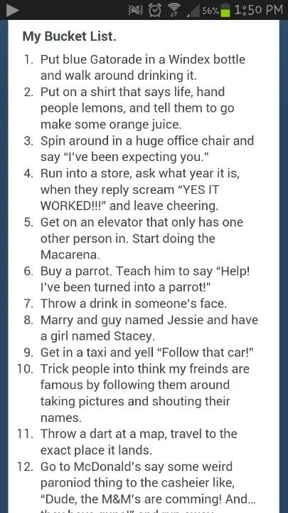 http://www.tumblr.com/tagged/funny%20bucket%20list So good !!! I want to do all of them.. !! Funny Bucket List Ideas Hilarious, To Do List Funny, Funny Bucket List, Crazy Bucket List, Funny Lists, Best Bucket List, Flirting Body Language, Scavenger Hunts, Dating Advice For Men