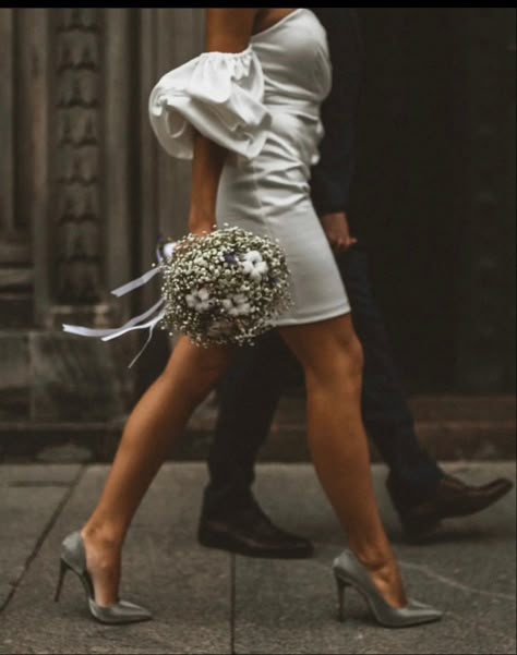 Engagement Shoot Bouquet, Short Dress Wedding Photos, Vintage Classic Engagement Photos, Freemont Street Wedding Photos, Courthouse Wedding Vintage, Court House Wedding Outfit, City Elopement Photos, Civil Wedding Photoshoot, Edgy Engagement Pictures