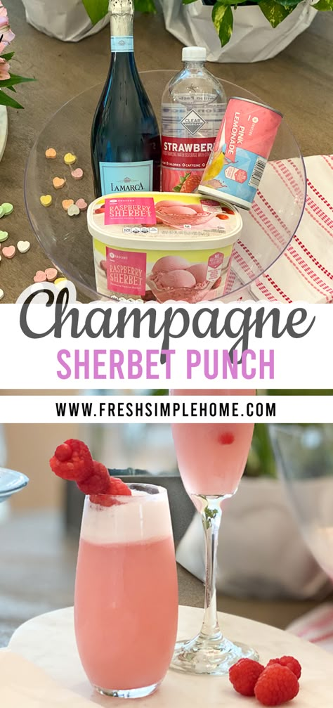 Galentines Party Alcoholic Drinks, Galentine's Party Food, Pink Punch With Alcohol, Fun Champagne Drinks, Bridal Shower Mocktail Recipe, Simple Galentines Party Ideas Girls Night, Sherbert Punch With Alcohol, Valentines Girls Night Food, Pink Champagne Punch Recipes