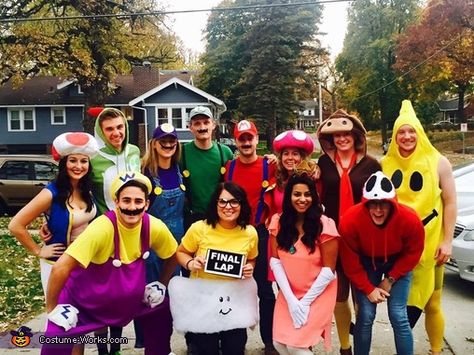 Mario Team Costume, Mario Party Group Costume, Mario Brothers Group Costumes, Mario Party Halloween Costumes, Womens Super Mario Costume, Mario Bros Group Costume, Final Lap Mario Kart, Mario Group Halloween Costumes, Final Lap Costume