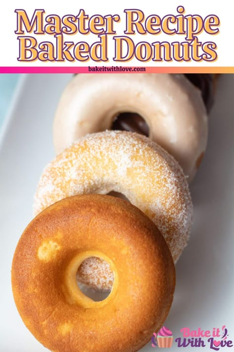 Baked donuts are an easy way to make a delicious and fun-filled breakfast for the whole family in under 30 minutes! Say so long to trips to the doughnut shop, because these classic cake doughnuts can be frosted or sprinkled with any of your favorite donut toppings. Plus, you won't feel as guilty because they are baked instead of fried! BakeItWithLove.com #bakeitwithlove #baked #cake #donuts #doughnuts #oldfashioned Basic Donut Recipe Baked, Best Cake Donuts Recipe, Donut Tin Recipes, Plain Baked Donut Recipe, Doughnut Mold Recipes, Bake Donuts Recipe Easy, Baked Raised Donut Recipes, Best Baked Donuts With Donut Pan, Easy Doughnuts Recipe