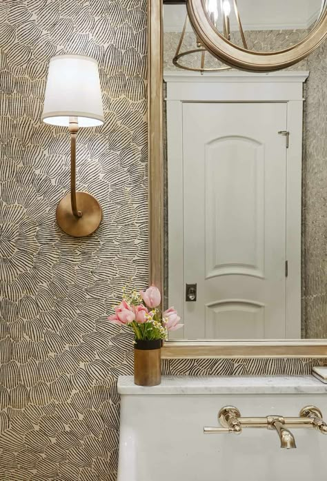 Powder Bath Wallpaper Modern, Small Powder Room Wallpaper Luxe, Vintage Wallpaper Powder Room, Powder Room Furniture, Wallpaper For Powder Room Half Baths, High End Powder Room, Styling A Powder Room, Powder Room Grasscloth Wallpaper, Grasscloth Wallpaper Powder Room