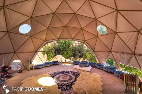 Yoga Dome Design, Geodesic Dome Interior Design, Geodesic Dome Tent Interior, Dome Of The Rock Interior, Tent Logo, Geodesic Dome Sauna, Yoga Meditation Space, Mountain House Decor, Golden Dome