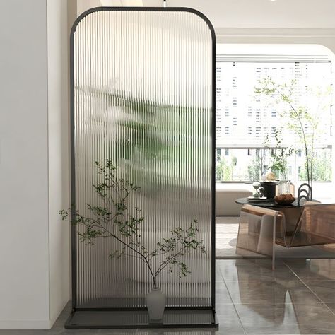 Translucent Glass Room Divider with Metal Frame - Modern Single Panel Room Dividers Glass Panel Divider, Single Panel Room Divider, Frosted Glass Partition, Room Deviders, Glass Divider, Glass Panel Wall, Panel Divider, Hall Tree With Storage, Glass Room Divider