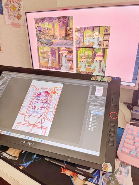 Art Tablet Desk Setup, Xppen Artist, Drawing Set Up Desk, Illustrator Job Aesthetic, Computer Setup Drawing, Digital Art Setup, Art Setup, Digital Art Studio, Art Business Aesthetic