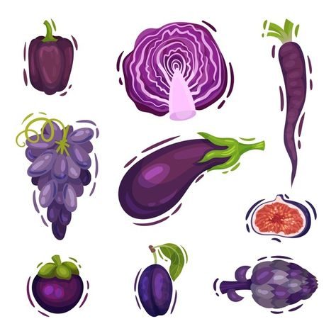 Set of purple vegetables and fruits | Premium Vector #Freepik #vector #food #fruit #plants #vegetables Purple Fruit Drawing, Purple Fruits And Vegetables, Purple Vegetables, Purple Beans, Blue Vegetables, Red Vegetables, Dark Wooden Table, Healthy Fruits And Vegetables, Plants Vegetables