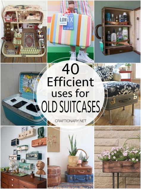 40 Efficient uses for old vintage suitcase - Craftionary Ideas For Vintage Suitcases, Repurposed Vintage Suitcase, Vintage Suitcase Shelves, Things To Do With Old Suitcases, Antique Suitcase Ideas, Upcycle Old Suitcase, Suitcase Decorating Ideas, Ideas For Old Suitcases, Old Luggage Repurpose Ideas