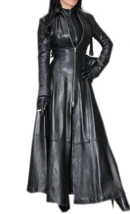 7949e456002b28988d38185bd30e77fddesc39722906ri Leather Dress Outfit, Gothic Coat, Leather Coat Womens, Gown Suit, Long Leather Coat, Long Winter Coats, Leather Trench Coat, Leather Dresses, Leather Outfit