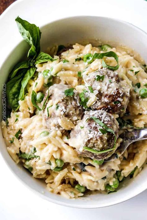 Meatballs And Orzo, Pasta And Meatballs, Basil Cream Sauce, Ground Beef Meatballs, Meatball Dinner, Parmesan Meatballs, Carlsbad Cravings, Cream Sauce Recipes, Meatball Ingredients