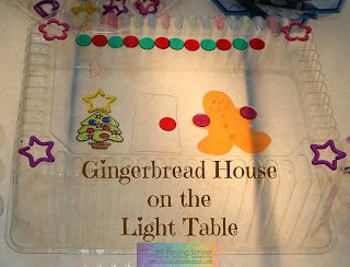 Still Playing School: Gingerbread House on the Light Table Gingerbread Light Table, Christmas Light Table Activities, Light Table Winter Activities, Prek Light Table Activities, Light Table Provocations, Engine Table, Table Activities For Toddlers, Gingerbread Man Activities, Gingerbread Activities