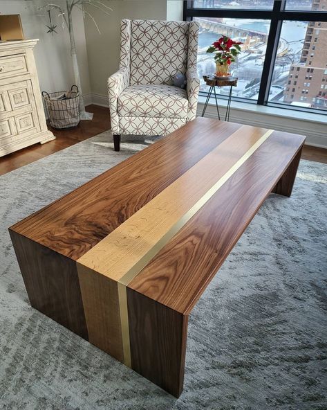 Wood Waterfall Table, Classy Character, Wood Waterfall, Waterfall Table, Walnut Timber, Brass Inlay, Table Designs, Unique Coffee Table, Coffee Table Desk