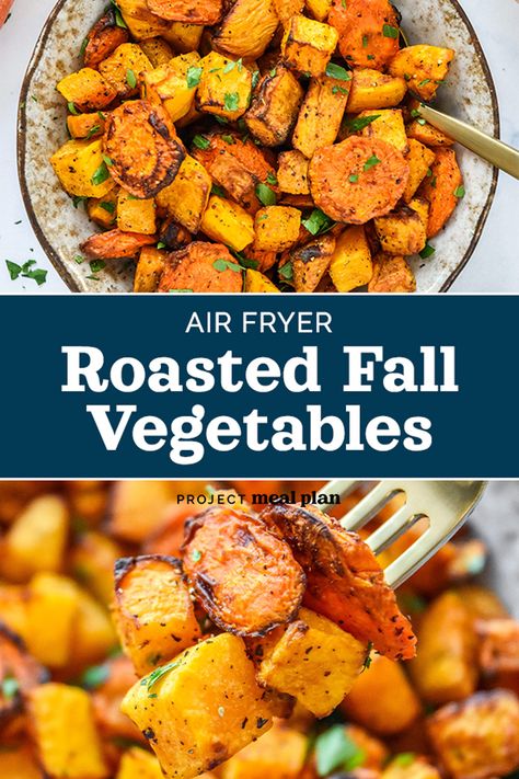 Featuring butternut squash, carrots and sweet potatoes, these Air Fryer Roasted Fall Vegetables make a superb seasonal side dish for two. These veggies are flavorful, simple to make, and perfectly roasted in the air fryer! ProjectMealPlan.com Butternut Squash Sweet Potato Recipes, Healthy Fall Recipes Dinner, Carrots And Sweet Potatoes, Sweet Potato Oven, Butternut Squash Sweet, Roasted Fall Vegetables, Fall Veggies, Acorn Squash Recipes, Roasted Apples