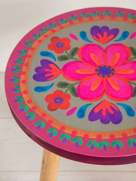 Colorful Boho Home, Folk Flowers, Stool Side Table, Wooden Stool, Boho Home Decor, Natural Life, Boho Home, Colorful Boho, Wooden Table