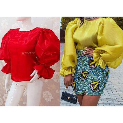 African Organza Top Styles, Diy Trendy Tops, Organza Blouse Designs, Puff Sleeve Blouse Pattern, Ankara Skirt Styles, African Tops, African Fabric Dress, African Print Tops, Long African Dresses