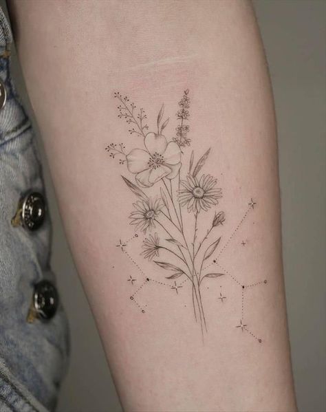 Nature Flower Tattoo, Black And Gray Wildflower Tattoo, June Flower Bouquet Tattoo, September Wildflower Tattoo, Country Flowers Tattoo, Cute Body Tattoos, Wildflower Half Sleeve Tattoo Forearm, Fun Cute Tattoos, Multiple Birth Flower Tattoo