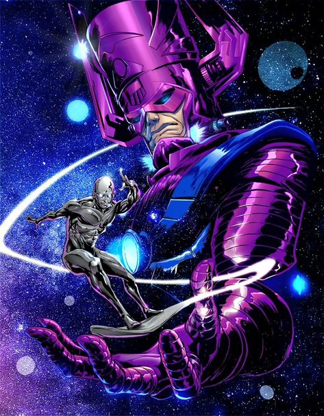 Galactus and Silver Surfer Captain America Comic Art, Galactus Marvel, Silver Surfer Comic, Comic Book Villains, Marvel Superheroes Art, Marvel Tattoos, Retro Comic Book, Black Comics, Marvel Characters Art