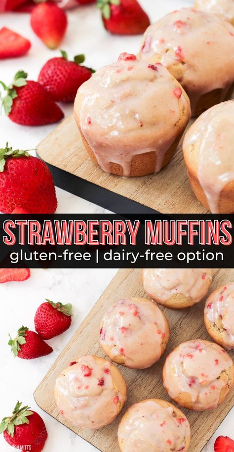 Quick and easy gluten-free Strawberry Muffins are tall, fluffy, bakery style muffins with strawberries studded throughout. Topped with a sweet strawberry glaze, and easily made dairy-free as well. These make a great Summer breakfast for families! Gluten Free Dairy Free Strawberry Cupcakes, Store Bought Gluten Free Snacks, Gluten Free Easter Breakfast, Quick And Easy Gluten Free Breakfast, Gf Snack Recipes, Gluten Free Dairy Free Strawberry Dessert, Nondairy Gluten Free Recipes, Home Made Gluten Free Snacks, Gluten Free Desserts With Strawberries