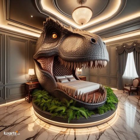 Dinosaur Head Bed: Sleep Among the Dinosaurs in Style and Comfort 12 Dinosaur Bed, Dinosaur Bedroom Decor, Head Bed, Weird Beds, Dinosaur Decor Bedroom, Dinosaur Bedding, Dinosaur Room Decor, Dinosaur Bedroom, Dinosaur Head