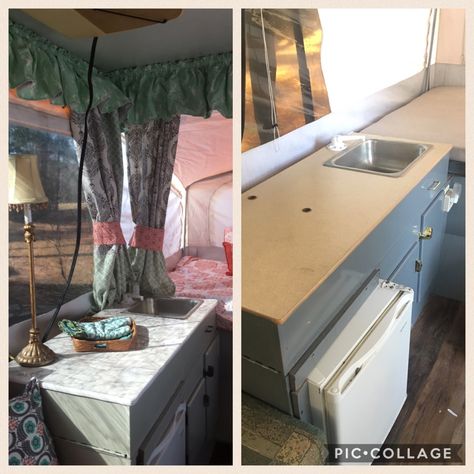 Our pop up camper reveal after we finished remodeling our 2001 Jayco Qwest. You can redo a camper too! Tent Trailer Remodel, Pop Up Tent Trailer, Popup Camper Remodel, Pop Up Trailer, Camper Storage, Tent Trailer, Popup Camper, Rv Decor, Trailer Remodel