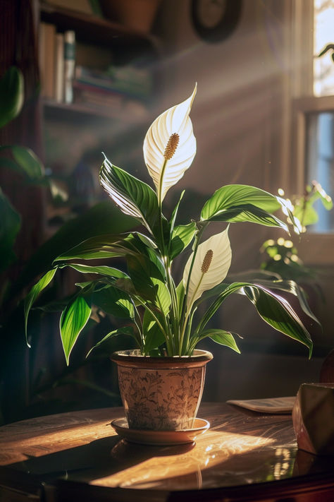 Photograph of Peace Lily plant sitting on a wooden table with some early morning light shining into the room. Plant is in a glazed pottery planter. White colored lily flowers in bloom and has vibrant green leaves. Easy Peace Lily care guide and easy tips for your favorite house plants! Peace Lilly Plants Decor, House Plants Flowers, Kayla Aesthetic, Plant Lover Aesthetic, Indoor Plants Aesthetic, House Plants Aesthetic, Indoor Plants For Low Light, Letter Drawings, Plants For Low Light