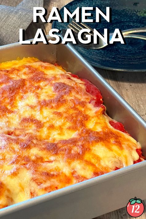 Ramen Lasagna | 12 Tomatoes Ramen Noodle Casseroles, Ramen Lasagna Recipe Easy, Ramen Noodle Casserole Recipes, Ramen Lasagna Recipe, Ramen Noodle Lasagna, Ramen Casserole, Ramen Lasagna, Quick Lasagna, Spaghetti Bake