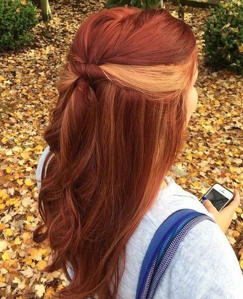 copper red hair with blonde peek-a-boo highlights Peek A Boo Highlights, Copper Red Hair, Red Blonde Hair, Peekaboo Hair, Asymmetrical Hairstyles, Ginger Hair Color, Braided Hairstyle, Shoulder Hair, Hair Color Ideas For Brunettes