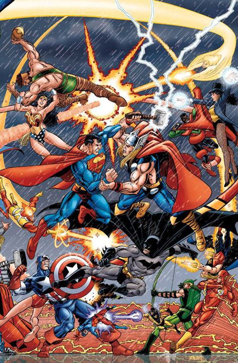 Avengers Vs Justice League, Dc Comics Vs Marvel, Marvel And Dc Crossover, George Perez, Avengers Comics, Marvel Vs Dc, Marvel Vs, Comic Book Covers, Comic Book Heroes