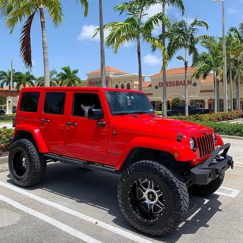 Jeep Wrangler Jeep Wrangler Rubicon Red, Decked Out Jeep Wrangler, Red Jeep Wrangler Aesthetic, Red Jeep Rubicon, Red Jeep Aesthetic, Wrapped Jeep Wrangler, Red Jeep Wrangler Unlimited, Cool Jeeps Wrangler, Custom Jeep Wrangler Unlimited